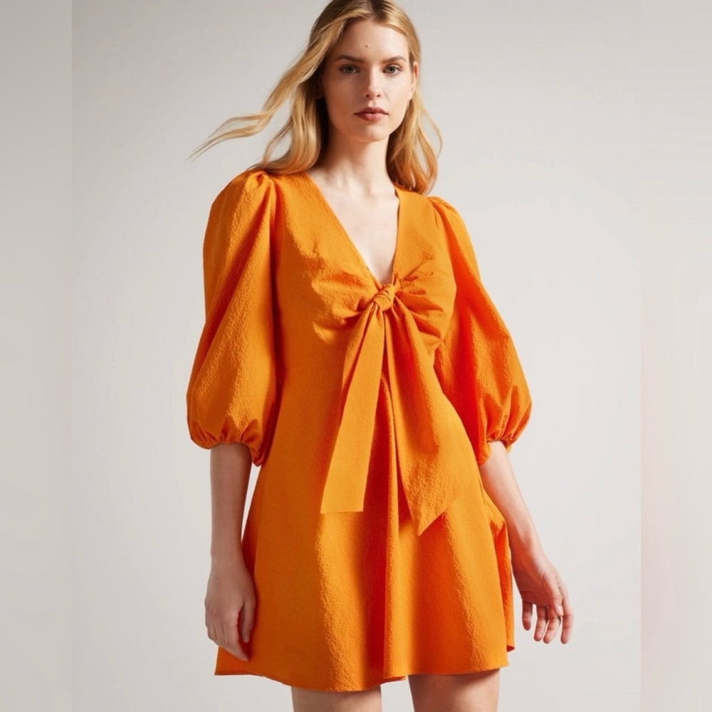 Ted Baker Jozelyn Orange Tie Front Seersucker Mini Dress Size 1/US 4